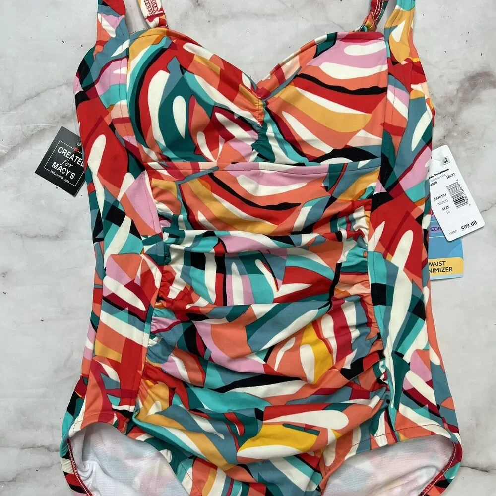 Swim Solutions PALM ART Shirred Tummy-Control One-Piece Swimsuit Size 10 Pink - Picture 3 of 6